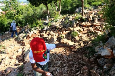 Rear view of men on rock in forest