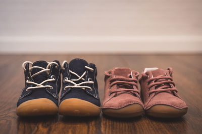 Close-up of shoes on wooden floor