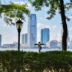 New jersey skyline from battery park in a sunny day. cityscape view through trees and streetlamp nyc