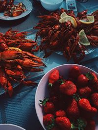 High angle view of strawberries in bowl on table