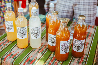 High angle view of bottles on table