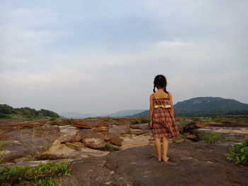 Rear view of woman standing against sky