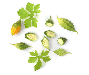 High angle view of chopped leaves against white background