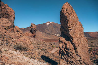 Rock formations on mountain against clear sky