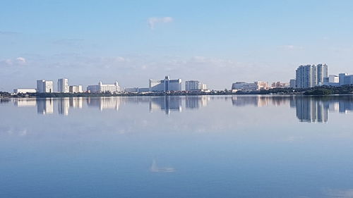 Reflection of city in water against sky