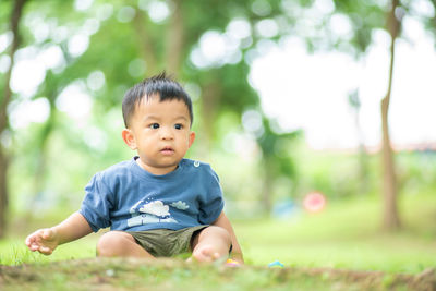 Cute baby boy looking away while sitting in park