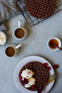 High angle view of breakfast served on table