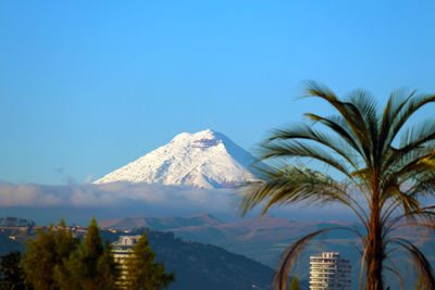 Scenic view of snowcapped mountains against clear blue sky