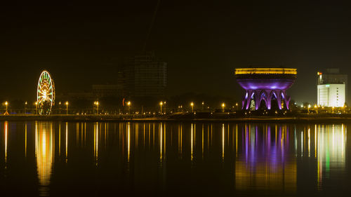 Reflection of illuminated buildings in water at night