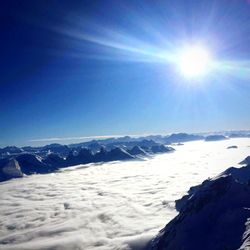 Scenic view of snowcapped mountains against clear blue sky