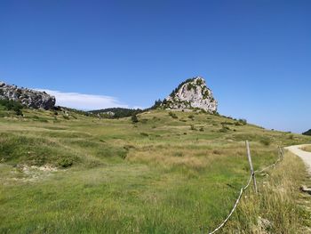 Scenic view of field against clear blue sky