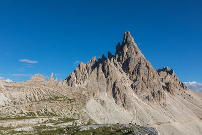 Panoramic view of rocky mountains against blue sky