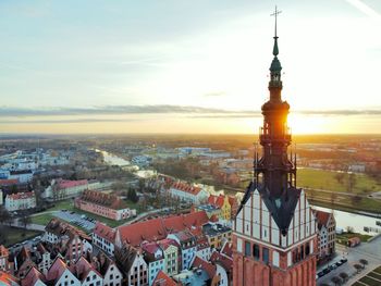 Drone shot of an old town in elblag at sunset