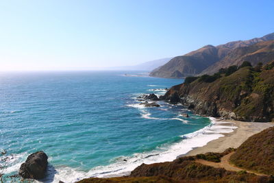 Scenic view of sea against clear blue sky