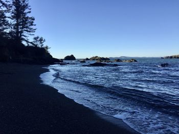 Scenic view of sea against clear blue sky