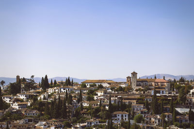 Cityscape against clear blue sky