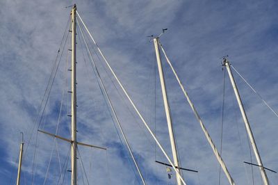 Masts of sailboats against blue sky