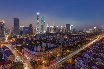 High angle view of shanghai cityscape at night