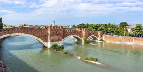 Arch bridge over river in city