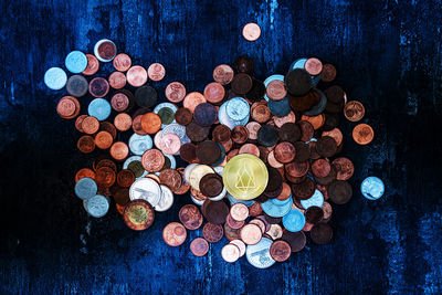 High angle view of coins