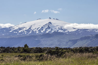 Scenic view of snowcapped mountains against sky