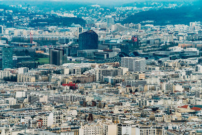 High angle view of modern buildings in city