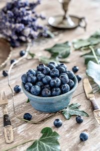 High angle view of fruits in bowl on table