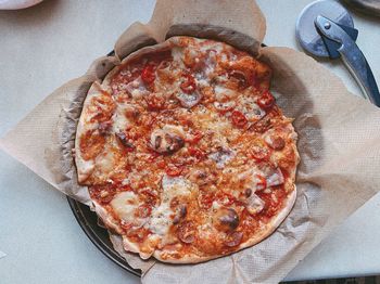 High angle view of pizza on table