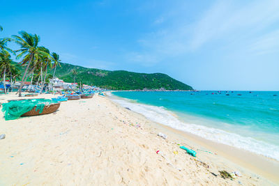 Scenic view of beach against blue sky