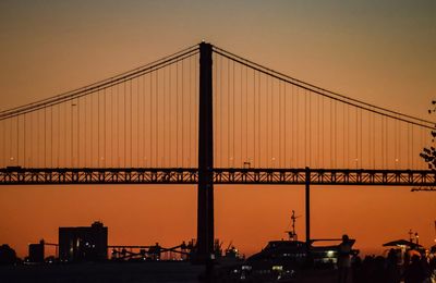 Silhouette of suspension bridge against sky during sunset