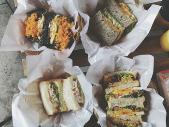 High angle view of snacks in baskets