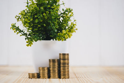 Close-up of coins on table
