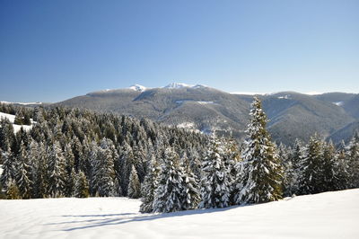 Scenic view of snow covered mountains against clear sky