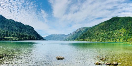 Scenic view of lake and mountains against sky