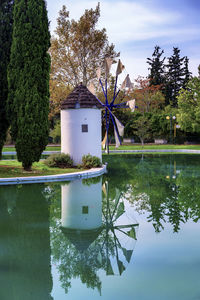 Reflection of trees in lake against sky