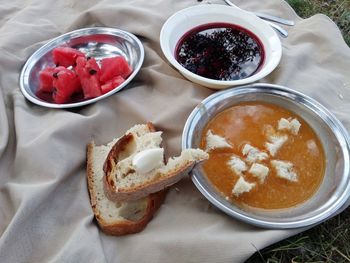 High angle view of breakfast served on table