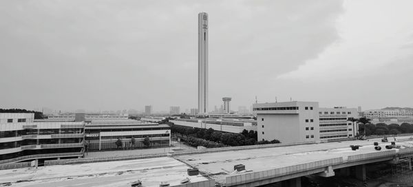 High angle view of buildings in city against sky