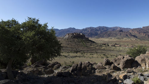 Scenic view of landscape and mountains against clear sky