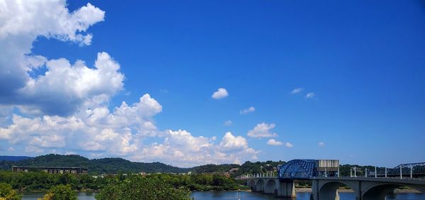 Bridge over river amidst buildings against blue sky