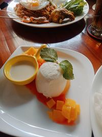 High angle view of breakfast served on table