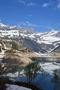 Scenic view of lake and snowcapped mountains against sky