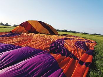 Multi colored hot air balloons on field against clear sky