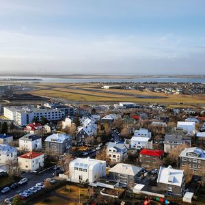 High angle view of reykjavik against sky