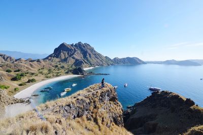 Panoramic view of sea and mountains against blue sky