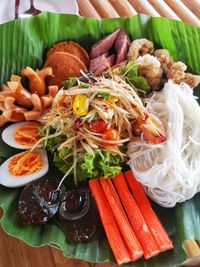 High angle view of chopped vegetables on table