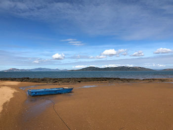 Scenic view of beach against blue sky