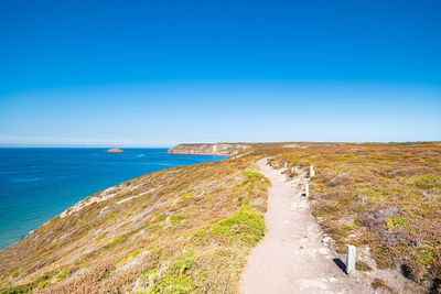 Scenic view of sea against clear blue sky