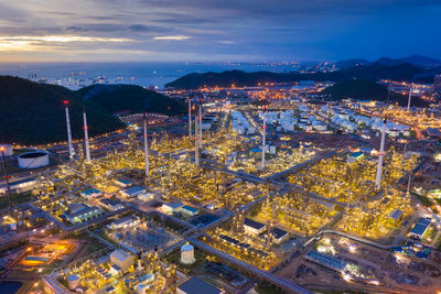 High angle view of illuminated city at night