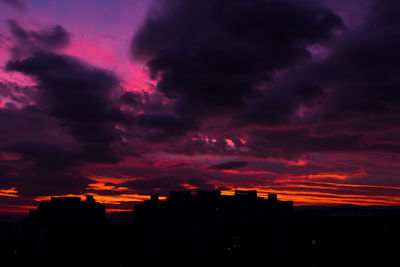 Silhouette cityscape against dramatic sky during sunset