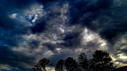 Low angle view of trees against cloudy sky